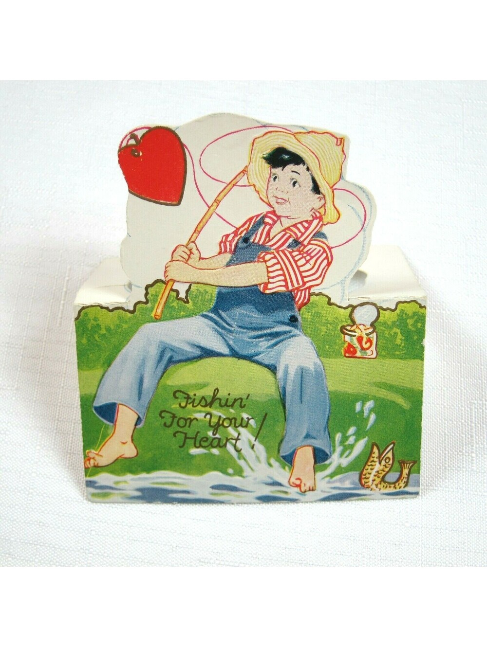 Vintage Valentine 1929 Stand Up Boy Fishing For Heart American Colortype Co USA
